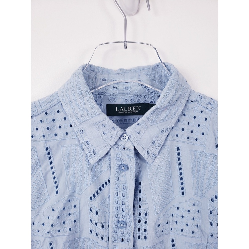 Lauren Ralph Lauren Eyelet Button Down Shirt Light Blue Geometric Embroidery S - Picture 4 of 6